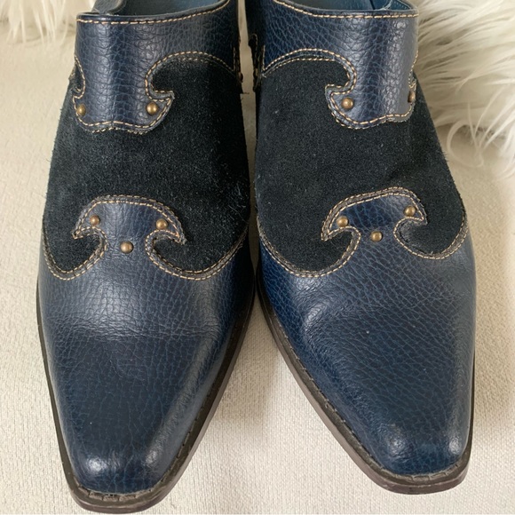 Western Navy Blue Leather Suede Studded Mule Heels - Picture 4 of 13
